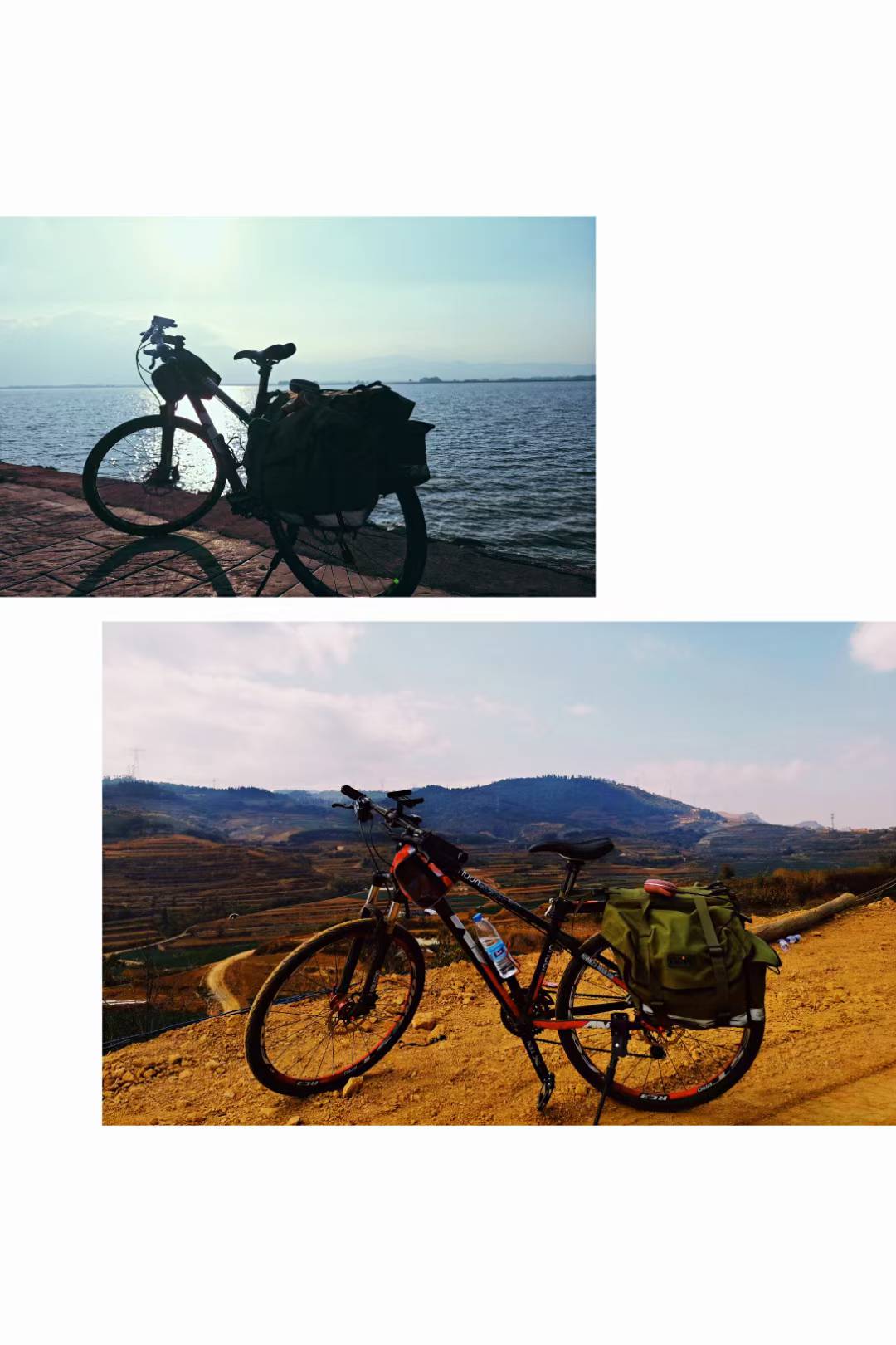 A touring bicycle beside the water in soft evening light